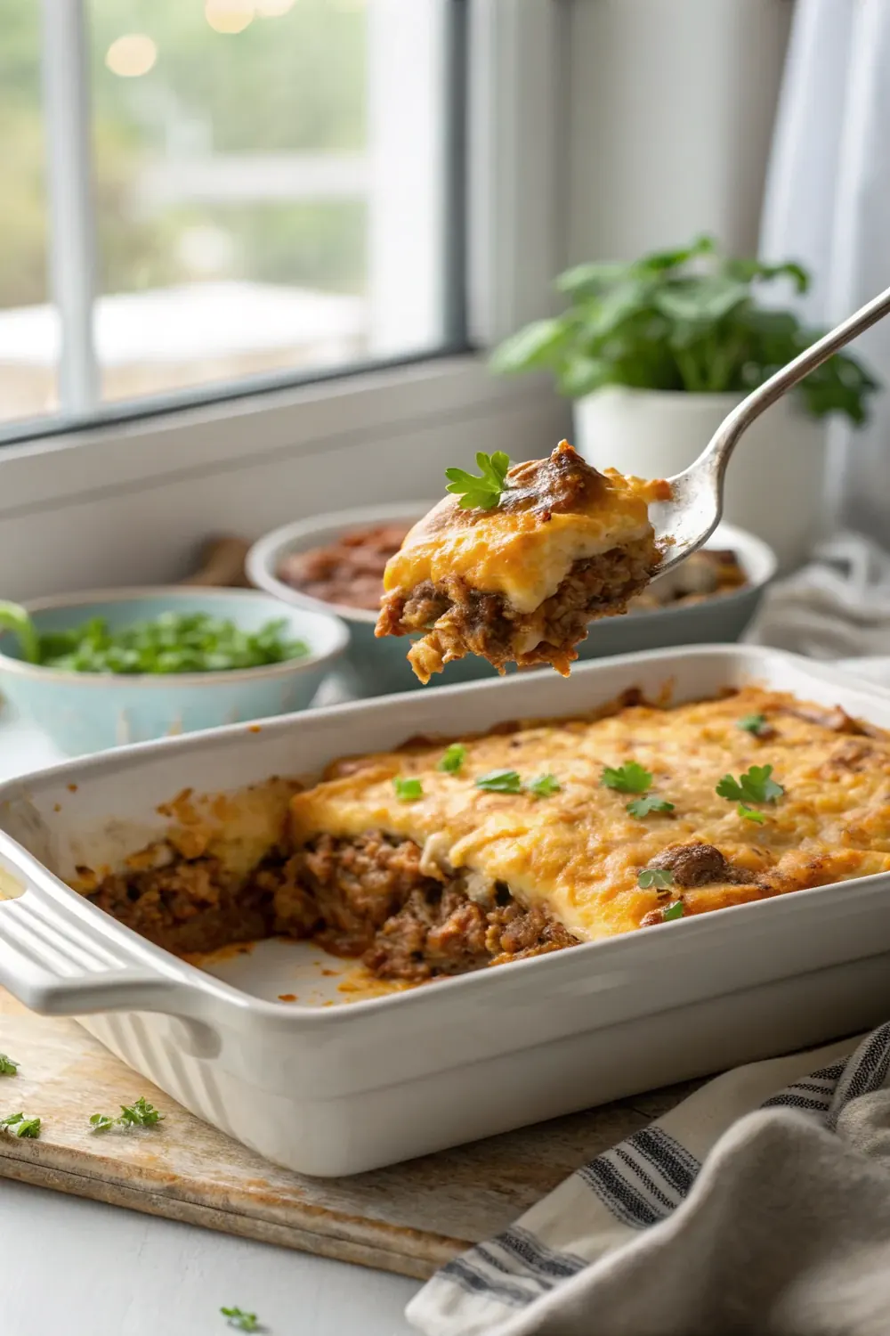Vertical view of a golden-topped King Ranch beef casserole with a serving spoon lifting a cheesy layered portion from the baking dish