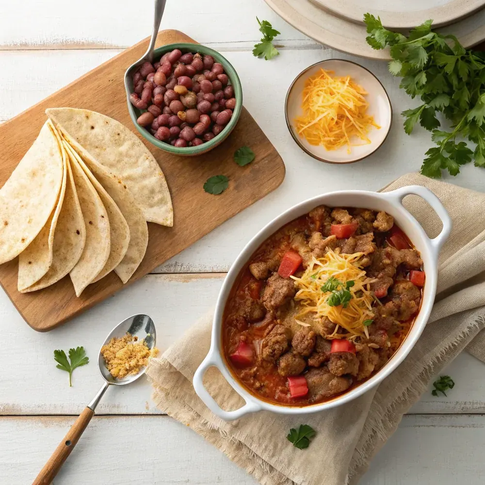 Overhead view of a King Ranch beef casserole on a wooden family table beside a bowl of charro beans and a stack of warm corn tortillas