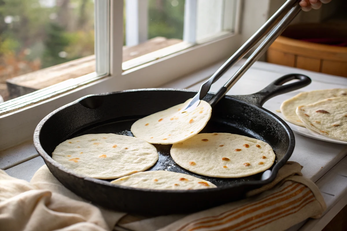 Corn tortillas blistering in a hot cast iron skillet, one tortilla lifted with tongs showing light golden spots