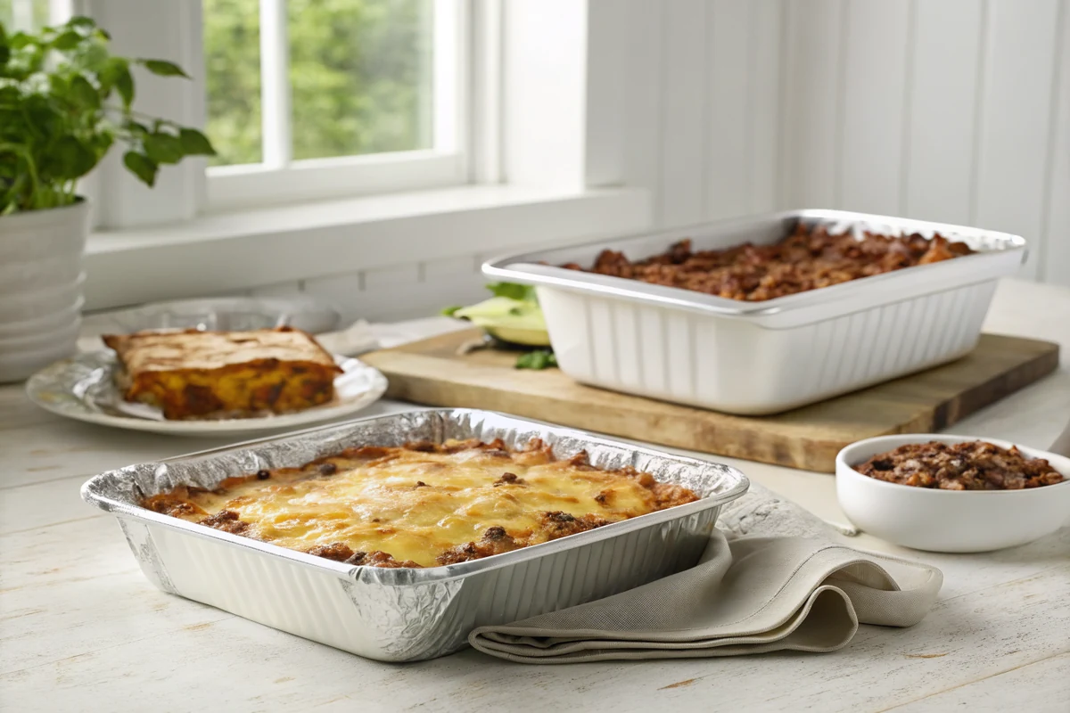 Foil-covered white baking dish beside an identical uncovered king ranch beef casserole with melted browned cheese, both resting on a rustic kitchen counter