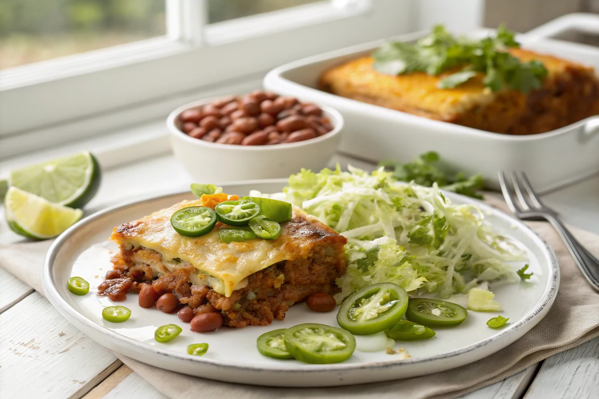 Served plate of king ranch beef casserole square with charro beans, shredded lettuce with lime, and pickled jalapenos arranged around it