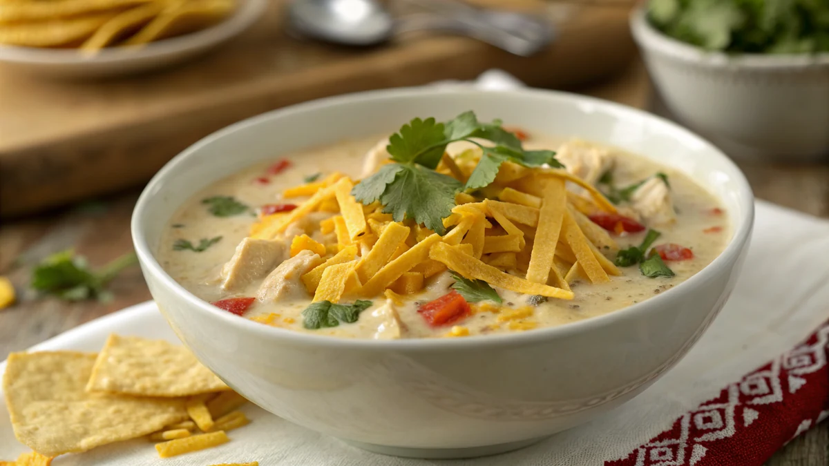 Creamy King Ranch chicken soup in a white bowl topped with crispy corn tortilla strips, shredded yellow cheddar, and cilantro on a rustic Texas kitchen table