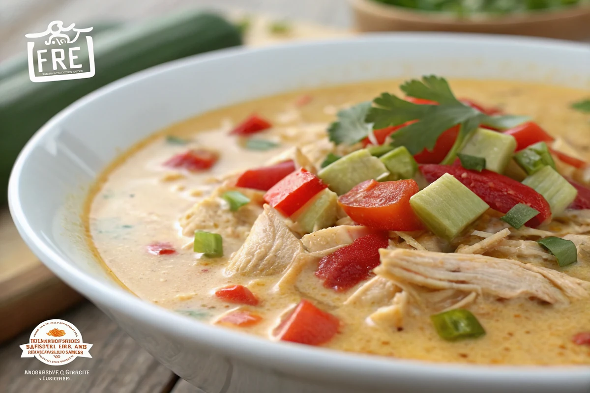 Close-up of King Ranch chicken soup showing shredded chicken, diced red and green bell pepper, and Rotel tomatoes in a creamy golden broth