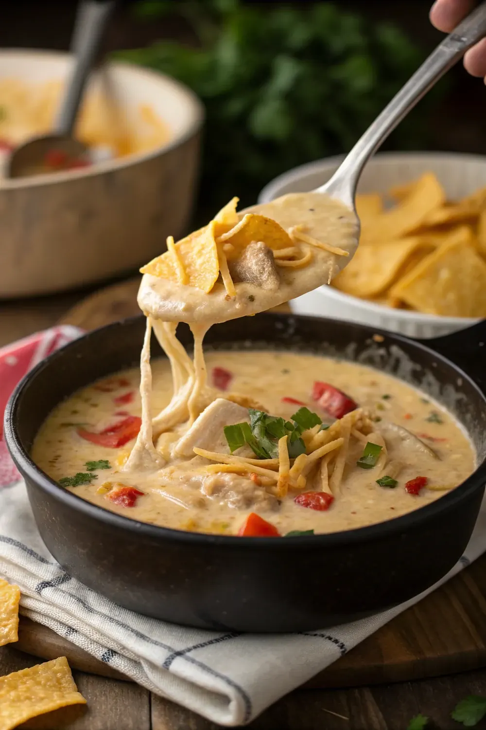 Vertical shot of a ladle lifting creamy King Ranch chicken soup from a pot, tortilla strips and cheese on top, save this Texas casserole soup recipe