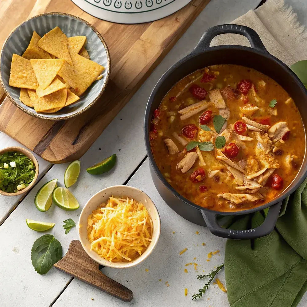 Overhead view of a Dutch oven full of King Ranch chicken soup beside a bowl of crispy tortilla strips, shredded cheddar, and lime wedges