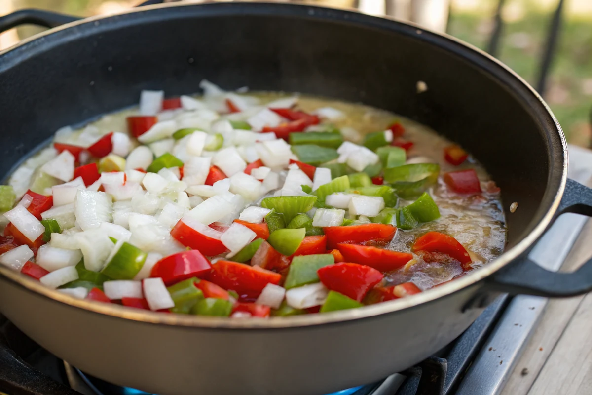 Diced onion and red and green bell peppers sauteing in butter in a Dutch oven for King Ranch chicken soup