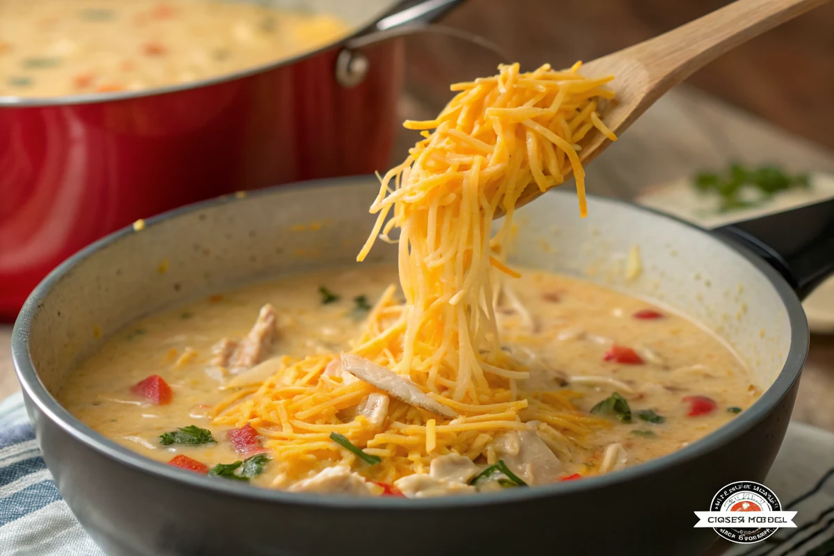 Freshly shredded yellow cheddar being stirred into a pot of creamy King Ranch chicken soup off the heat