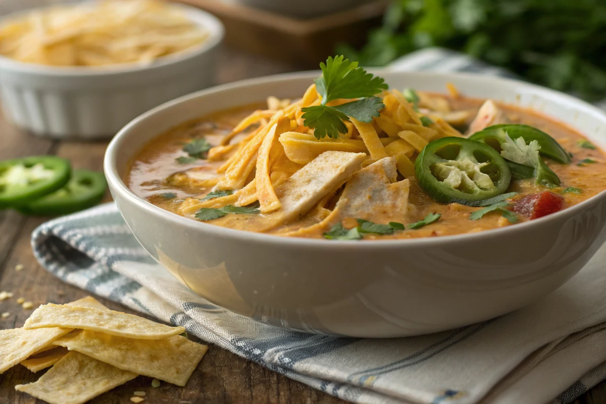 Finished bowl of King Ranch chicken soup topped with tortilla strips, melted cheddar, cilantro, and sliced jalapeno