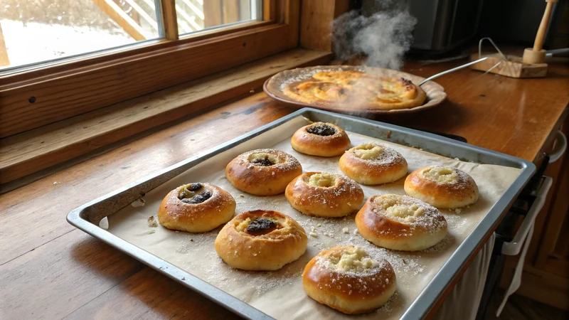 Close-up of a single kolache with thumbprint indent holding bright orange apricot filling, soft enriched dough visible around the edges