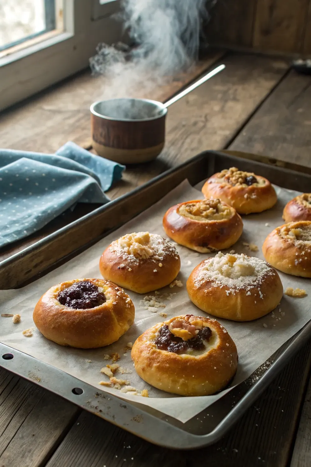 Vertical view of Czech-Texan kolaches stacked on a wooden board, save this West Texas Czech Stop style kolache recipe for the holidays