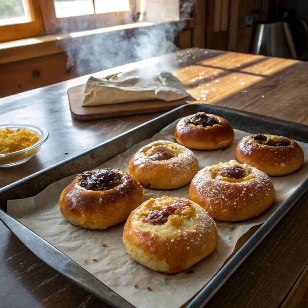 Overhead view of 16 kolaches on parchment with four filling colors: apricot orange, prune dark, poppy seed gray, cream cheese white