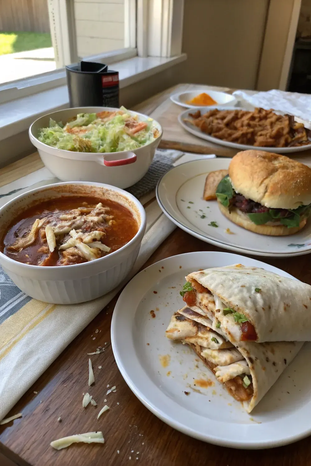Vertical view of a rotisserie chicken being pulled apart by hand, golden brown skin, multiple Texas dishes visible in the background, weekly meal prep aesthetic