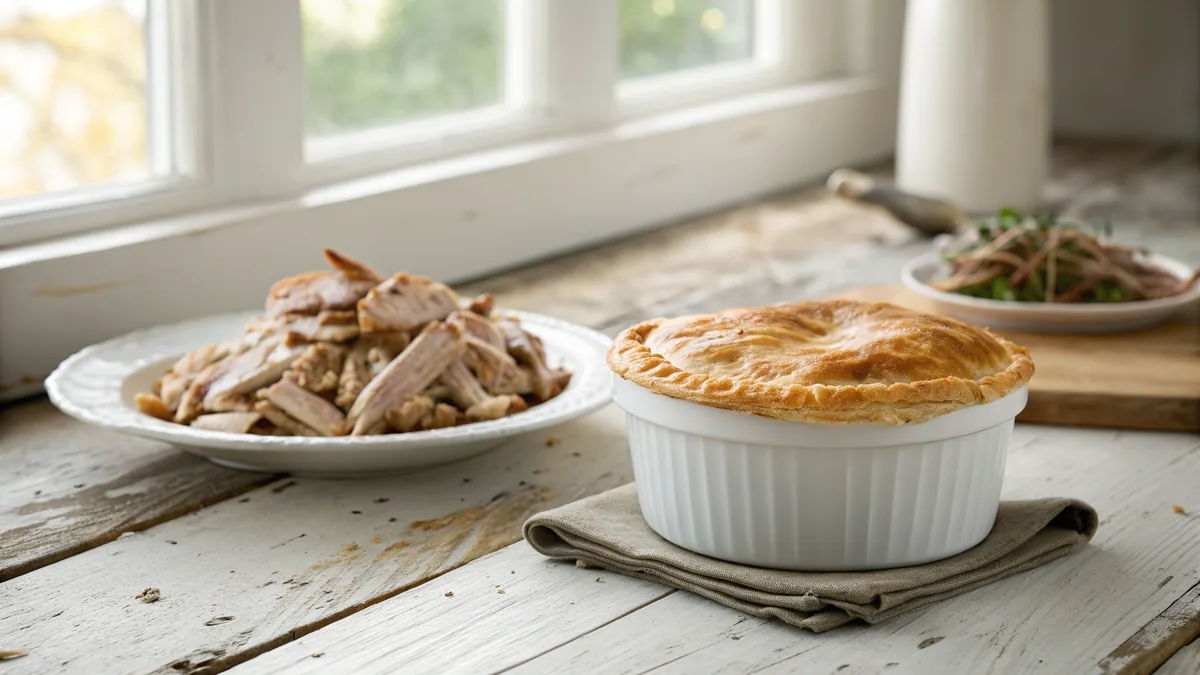 A golden brown pot pie with a flaky pastry lid resting in a white ceramic baking dish beside a plate of shredded roast turkey on a weathered wooden table in warm afternoon light