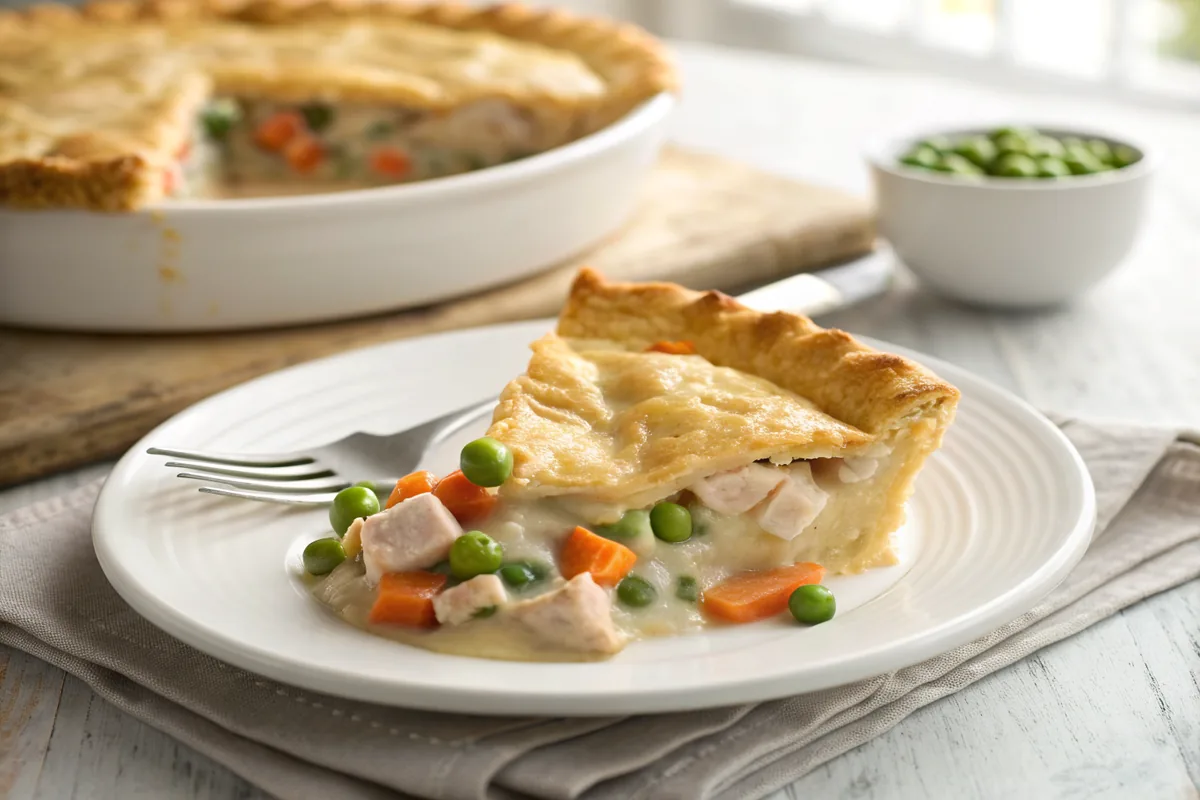 Close-up of a wedge cut from a turkey pot pie on a white plate showing a flaky golden crust over a creamy pale gravy filling with diced turkey, orange carrot, and bright green peas