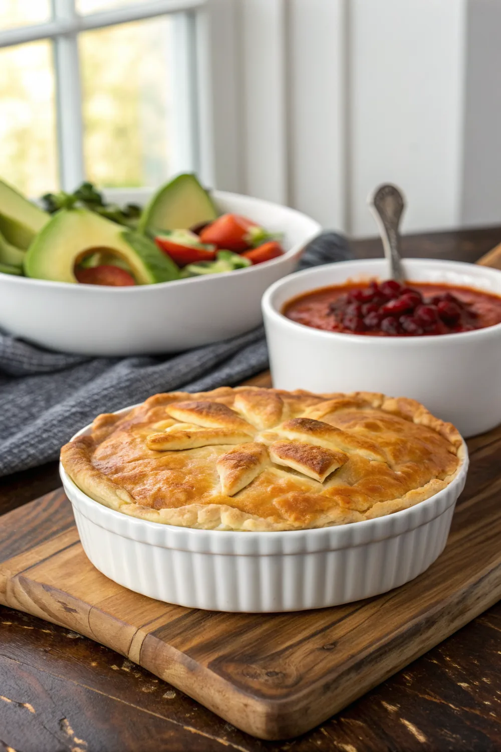 Vertical composition on a rustic wooden table of a golden brown turkey pot pie in a white ceramic dish at the front, a wide bowl of red tomato tortilla soup topped with crisp golden tortilla strips and sliced avocado behind it, and a small white bowl of deep red cranberry sauce beside it, only food and plain unmarked dishes in frame