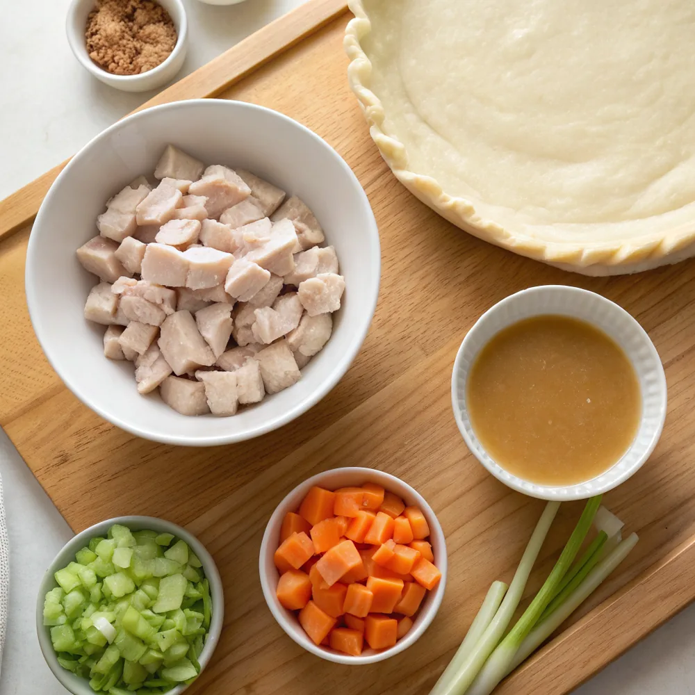 Overhead view of a bowl of diced cooked turkey, a small ceramic bowl of pale brown gravy, diced carrot, celery, and onion in little dishes, and a round of raw pie dough arranged on a wooden counter