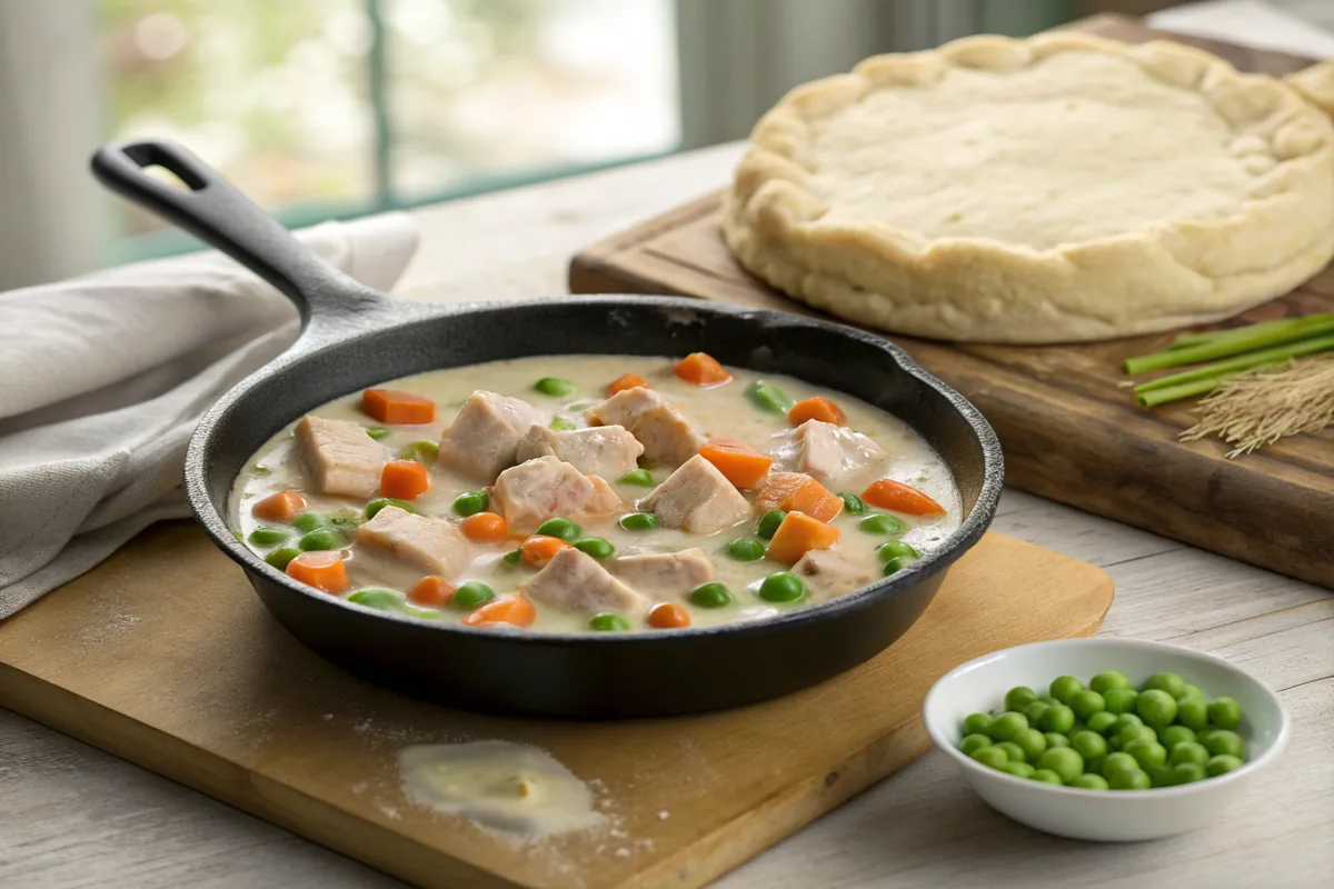 A black cast iron skillet filled with creamy pale gravy filling studded with diced turkey, orange carrot, and green peas, with a round of raw pale pie dough resting beside it on a wooden counter