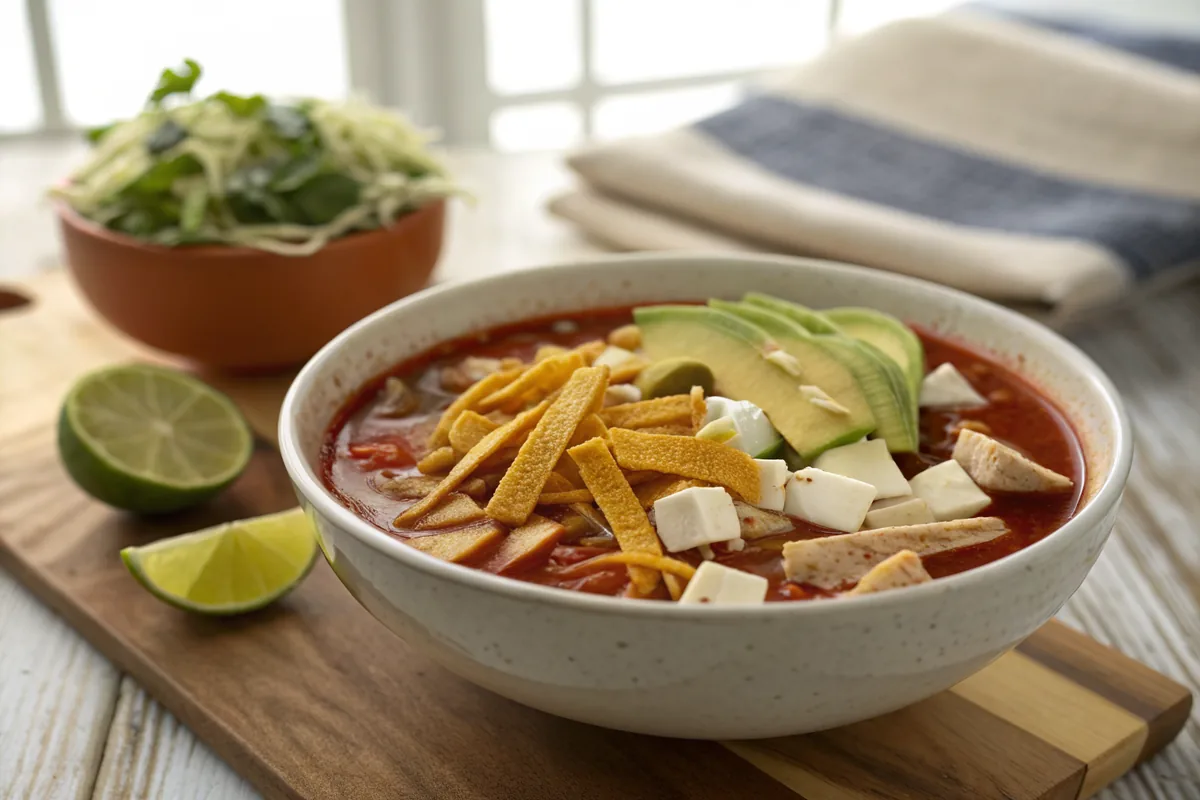 A wide ceramic bowl of deep red tortilla soup with shredded turkey, crisp golden tortilla strips, cubes of pale avocado, crumbled white cheese, and a lime wedge resting on the rim on a wooden table