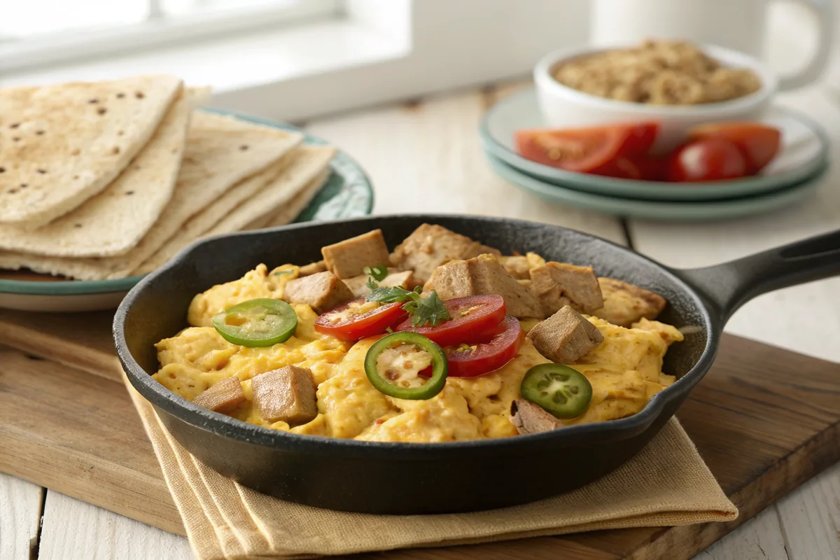 A skillet of soft yellow scrambled eggs mixed with golden crisp tortilla pieces, browned diced turkey, red tomato, and thin round slices of dark green jalapeno chile pepper with visible pale seeds, warm flour tortillas stacked on a plate beside it on a wooden table