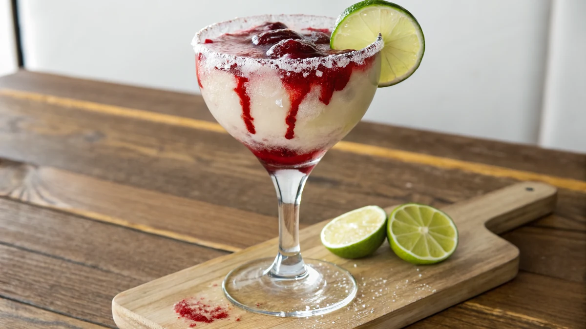 Frozen margarita in a tall glass with a deep red sangria float bleeding down through the pale slush, chile lime salt rim and a lime wheel on a wooden bar