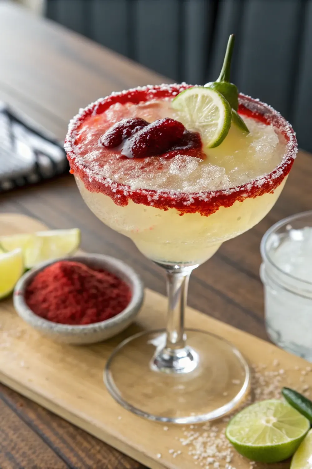 Vertical shot of a frozen margarita topped with a red sangria cap on a chile lime salt rim, Dallas Tex-Mex cocktail, save this copycat recipe