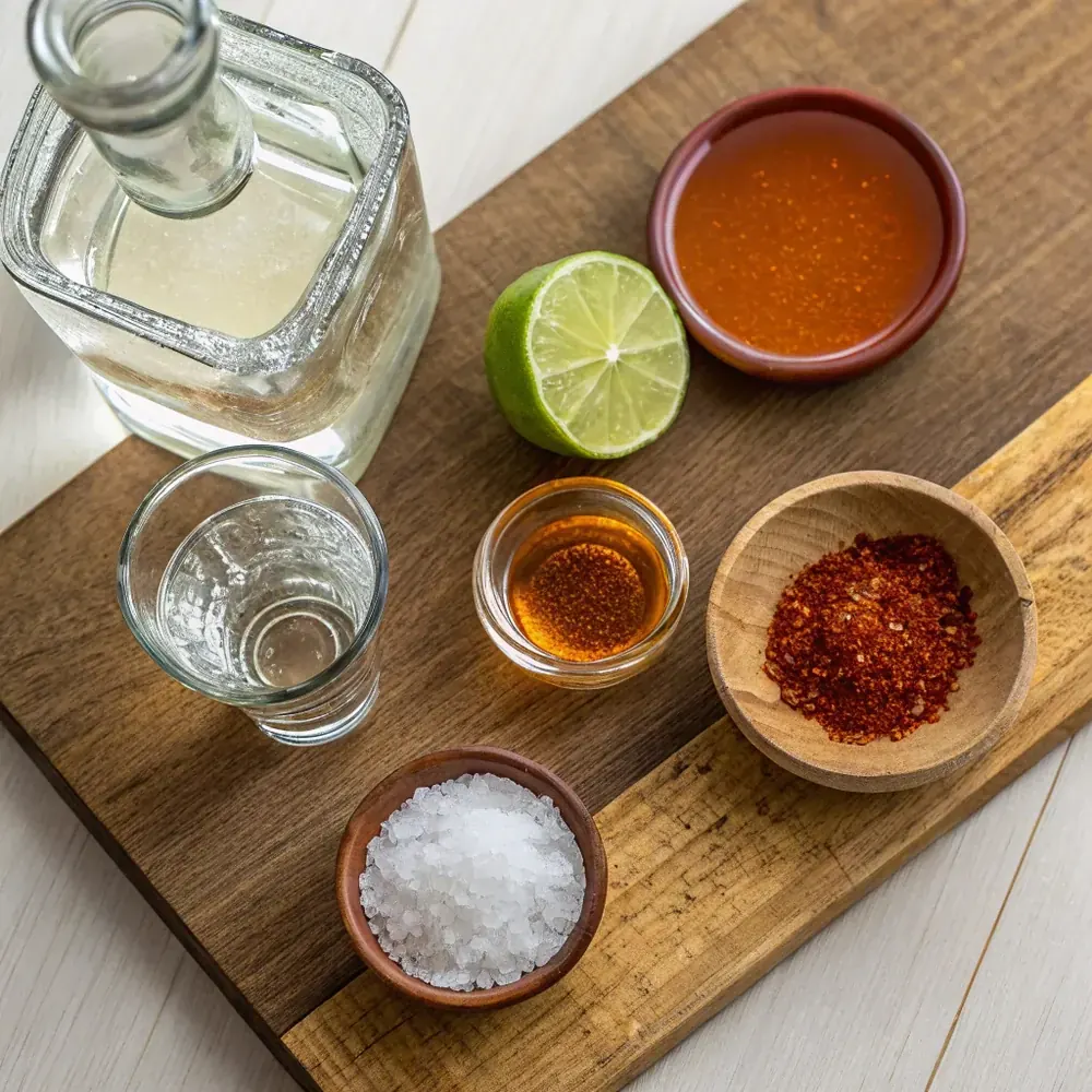 Overhead view of frozen sangria margarita ingredients: blanco tequila, orange liqueur, fresh limes, agave nectar, a small carafe of red sangria, and a bowl of chile lime salt