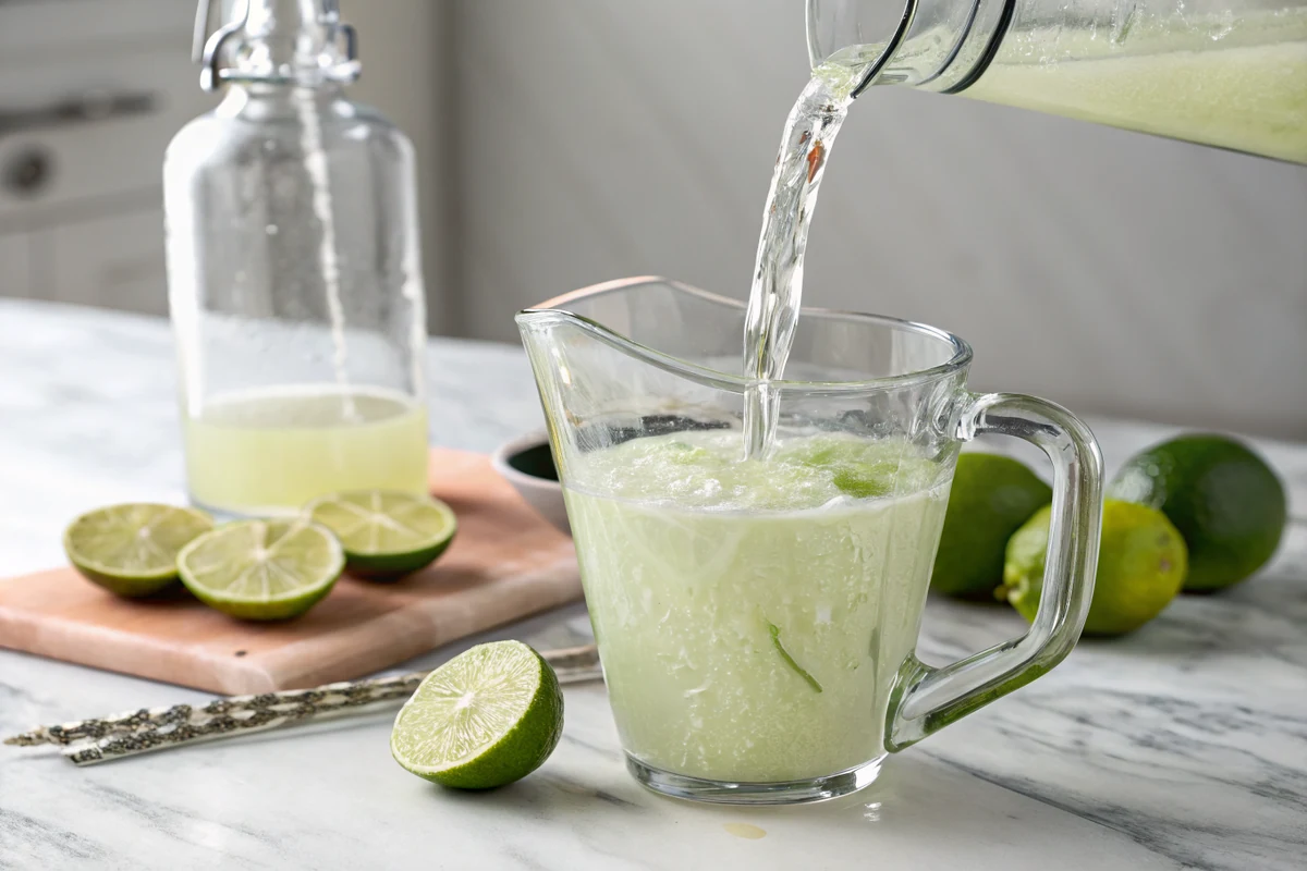 Blanco tequila and orange liqueur being poured into a blender jar with fresh lime juice and agave nectar before the ice goes in
