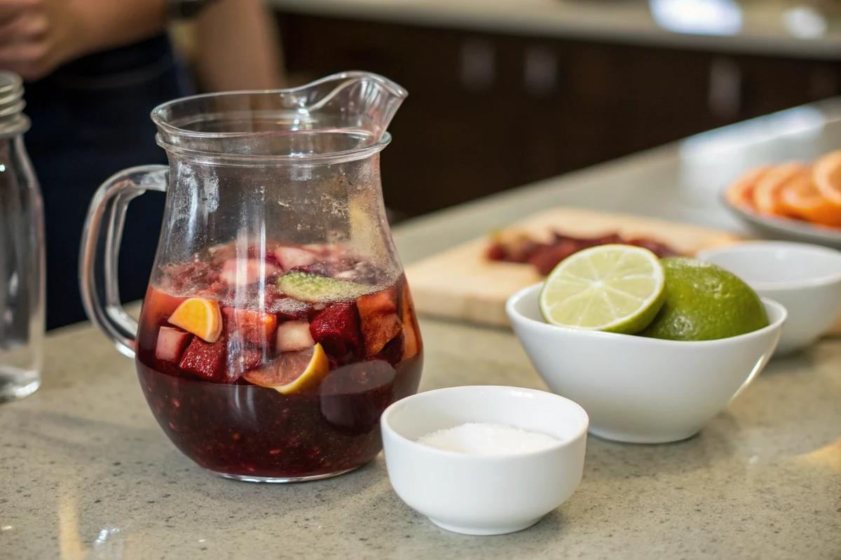 Small pitcher of quick homemade red sangria being stirred with dry red wine and orange juice beside cut limes and a sugar bowl