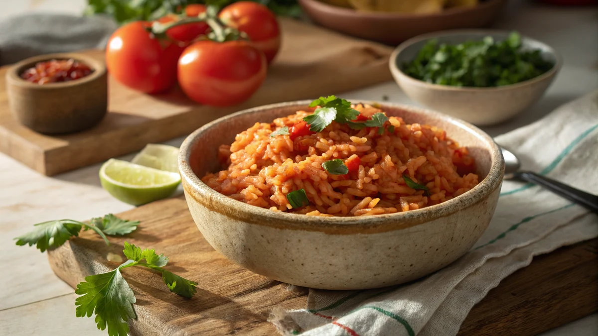 Fluffy red-orange Mexican rice with cilantro garnish in a ceramic bowl