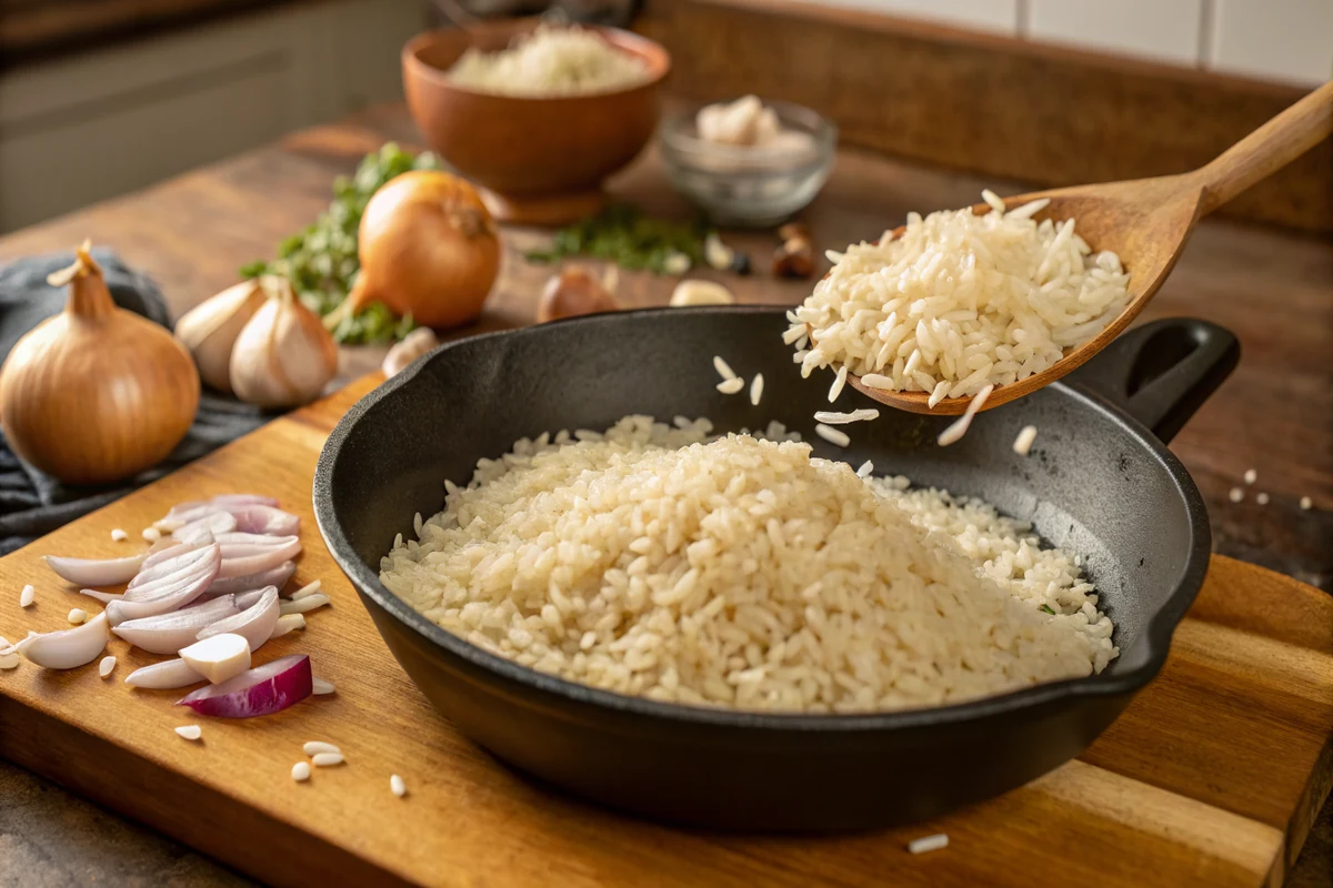 Toasting long-grain white rice in a skillet to golden brown for Mexican rice
