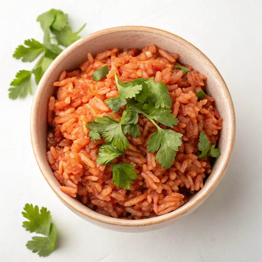 Top-down ceramic bowl of fluffy Mexican rice