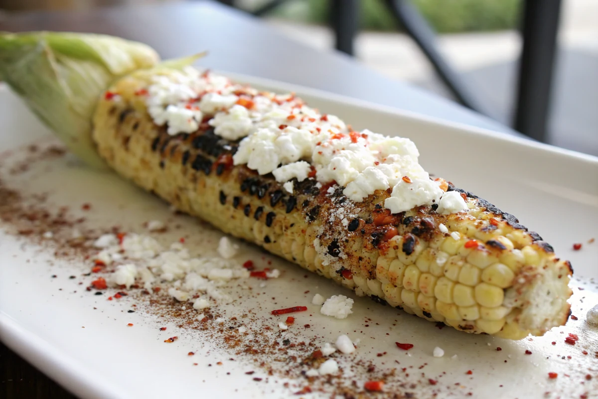 Close-up of a single ear of elote showing blackened charred kernels beneath a creamy coating, crumbled white cheese and red chile dusting