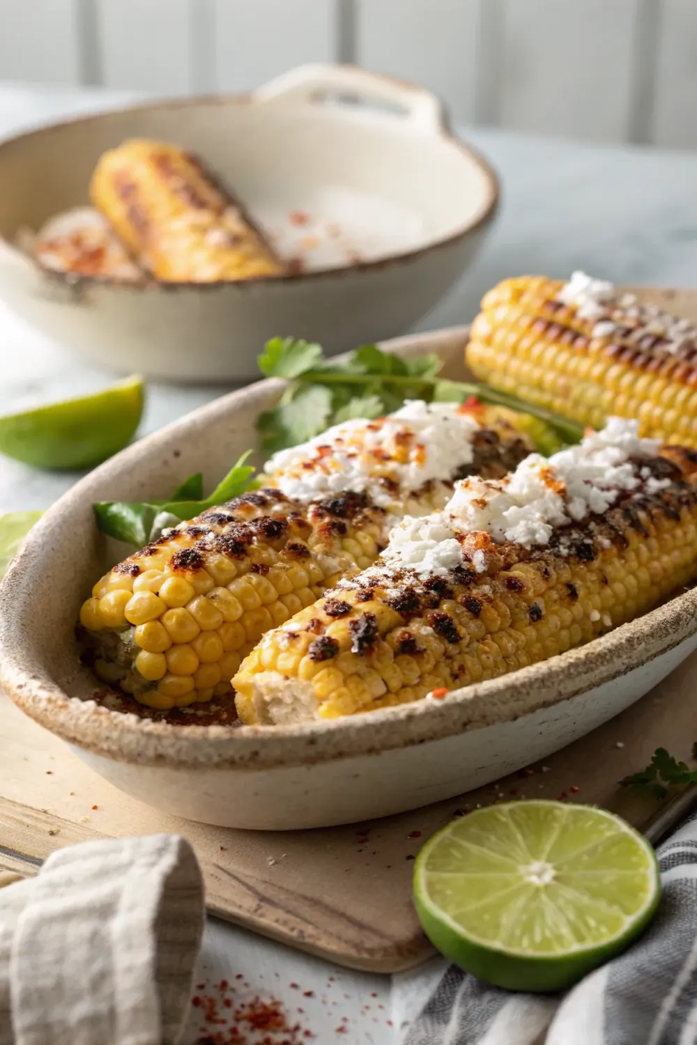 Vertical shot of charred elote ears arranged in a shallow rustic bowl coated with crema, cotija and chile powder, lime wedges at the base