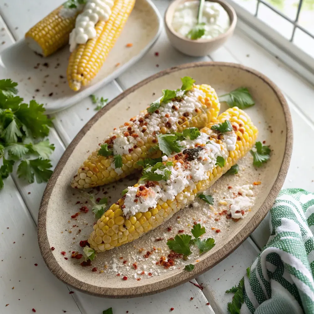 Overhead view of grilled corn on the cob covered in crema and crumbled cotija with chile powder and chopped cilantro on a rustic plate