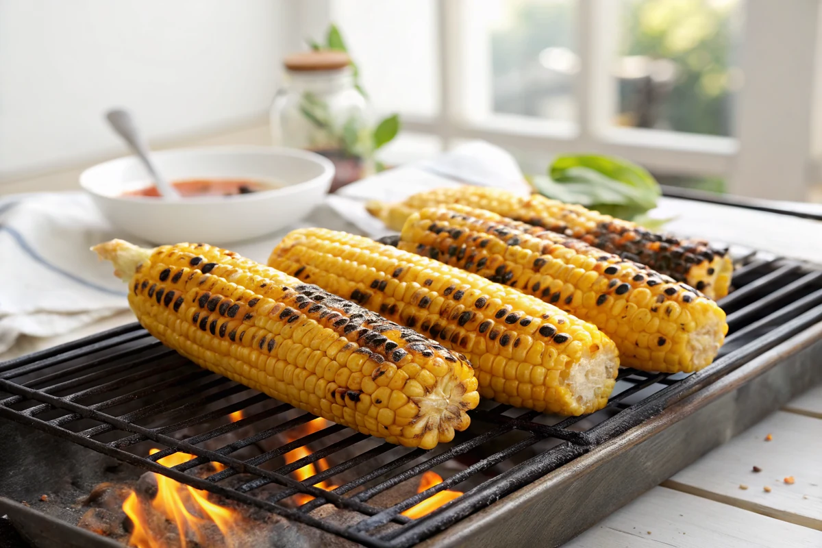 Naked ears of corn directly on hot grill grates with visible blackened kernels in patches among deep golden blistered ones, flames below