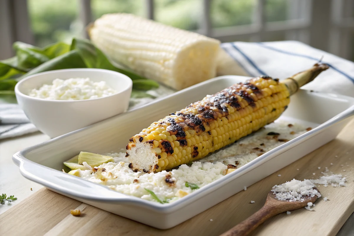 Hot charred ear of corn being rolled through a shallow dish of creamy white coating, then through a tray of crumbled white cheese