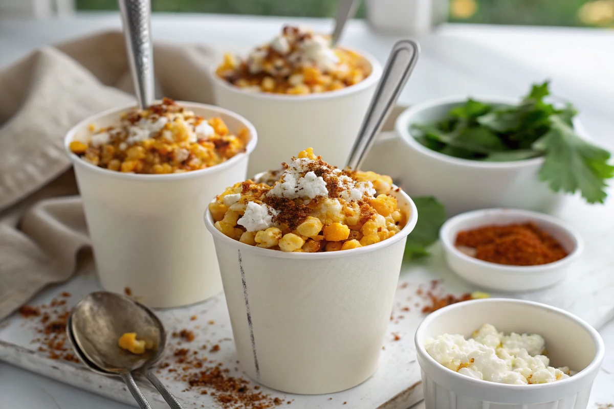 Cups of esquites made from charred corn kernels stirred with creamy coating, crumbled cheese and chile powder, spoons resting in them