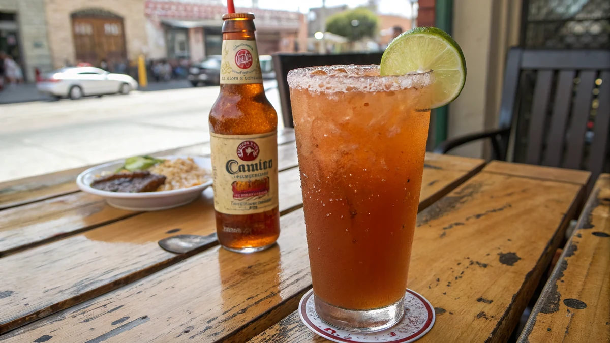 Texas michelada in a chilled pint glass with Tajin-salt rim, cold Mexican lager over ice, lime wedge on the rim, condensation