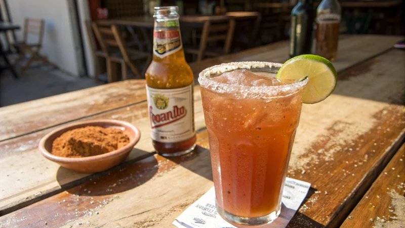 Close-up of a Tajin-and-salt rim on a pint glass, the chile-lime crystals coating the wet edge, michelada visible in the background