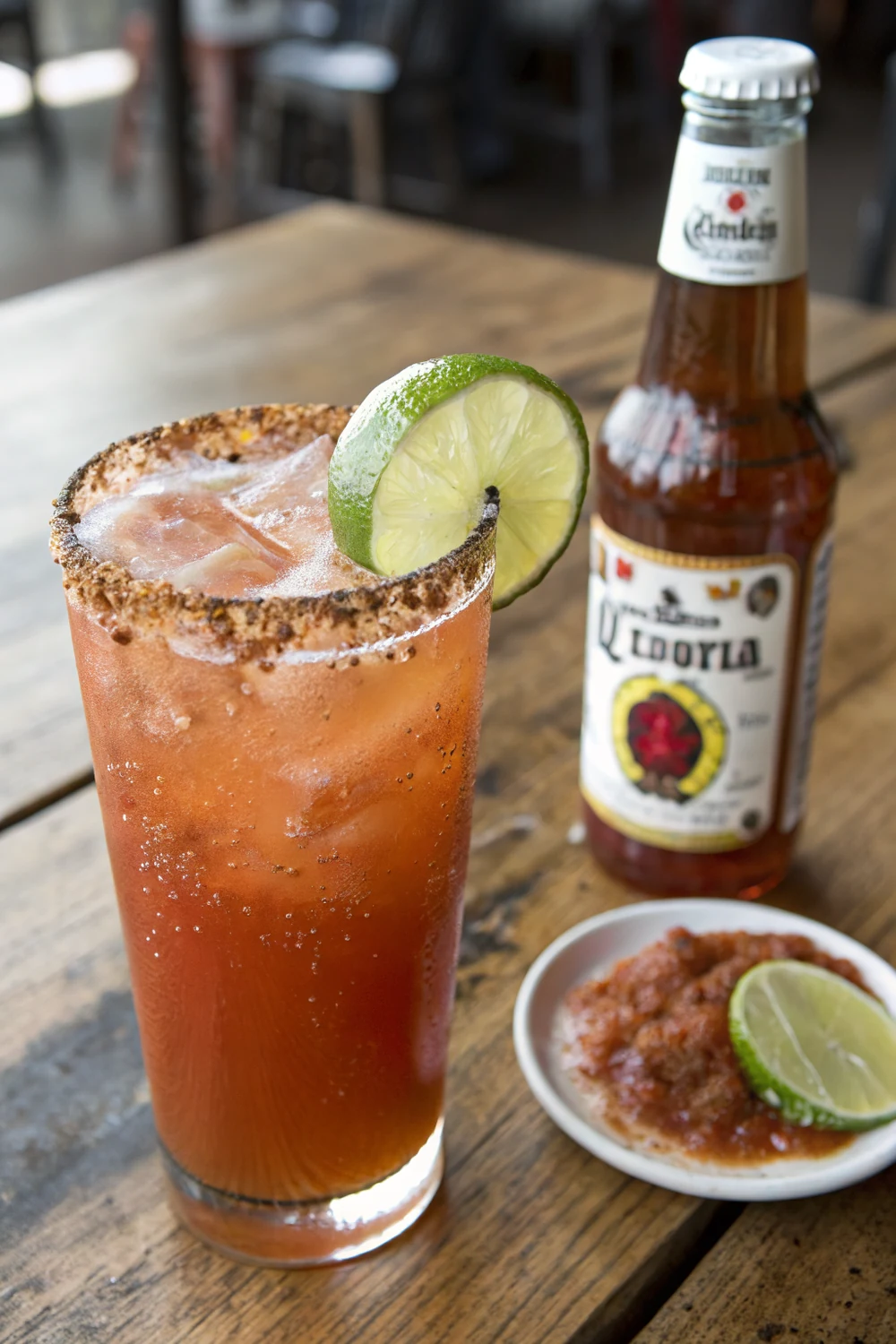 Vertical view of a Texas michelada with Tajin rim and Modelo, save this border-town brunch cocktail recipe for Saturday mornings