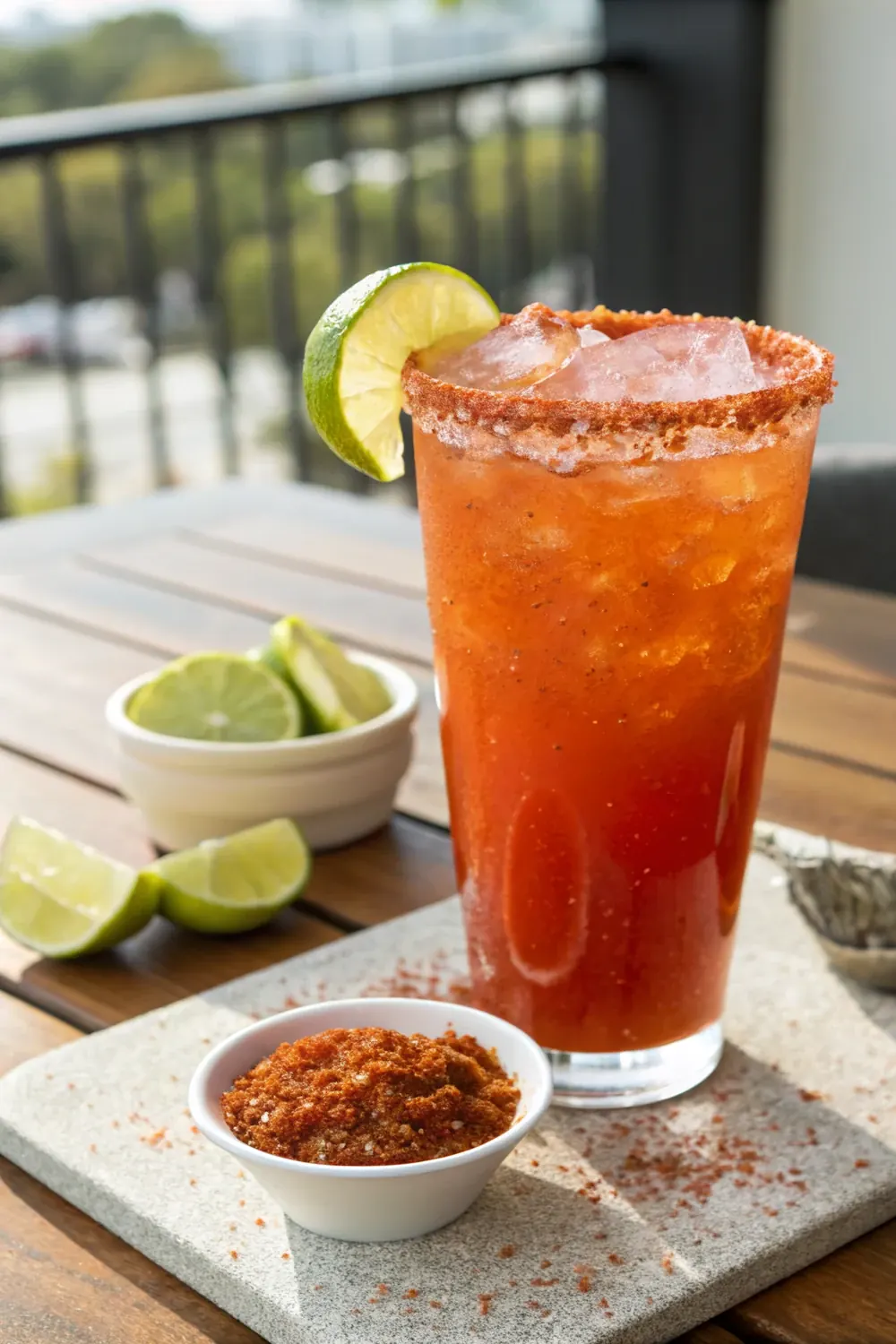 Vertical view of a Texas michelada with Tajin rim and Modelo, save this border-town brunch cocktail recipe for Saturday mornings