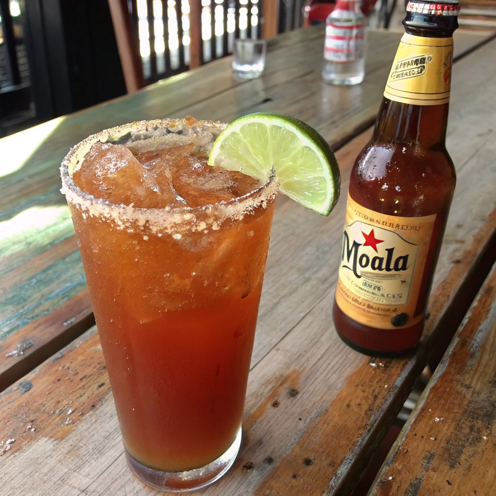 Overhead view of a michelada on a Tex-Mex brunch table next to migas, breakfast tacos, lime wedges, and a bottle of Valentina hot sauce
