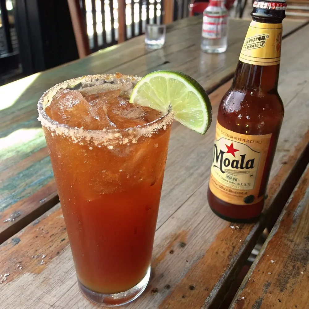 Overhead view of a michelada on a Tex-Mex brunch table next to migas, breakfast tacos, lime wedges, and a bottle of Valentina hot sauce