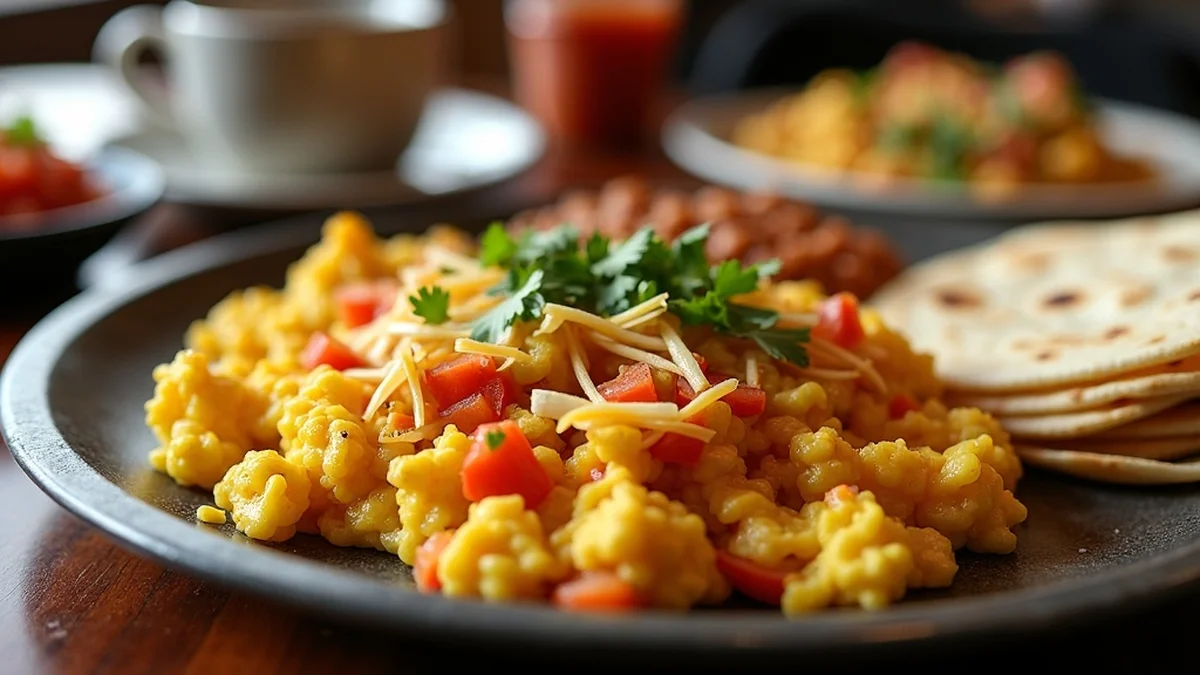Tex-Mex Austin migas served on a heavy diner plate with scrambled eggs, crispy yellow corn tortilla strips, diced tomato and jalapeno visible, melted Monterey Jack cheese, refried beans on the side