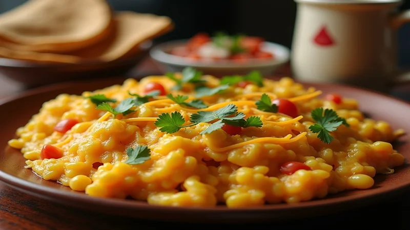 Close-up of a fork lifting a bite of migas showing the contrast between soft scrambled eggs and crispy tortilla strips, melted cheese strands, fresh cilantro garnish