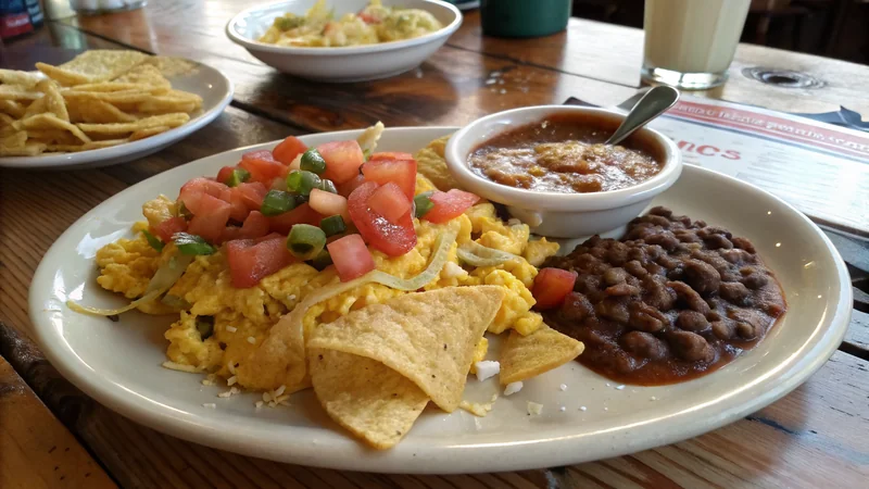 Close-up of a fork lifting a bite of migas showing the contrast between soft scrambled eggs and crispy tortilla strips, melted cheese strands, fresh cilantro garnish