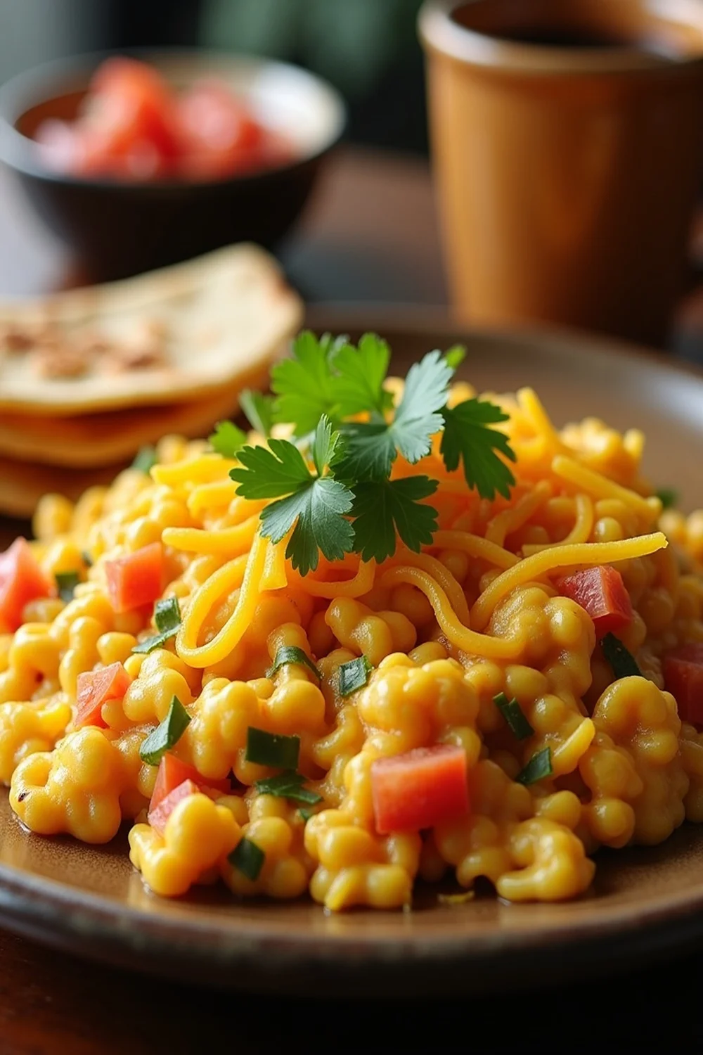 Austin Tex-Mex migas breakfast recipe vertical view, save for the next weekend brunch or hangover-cure morning