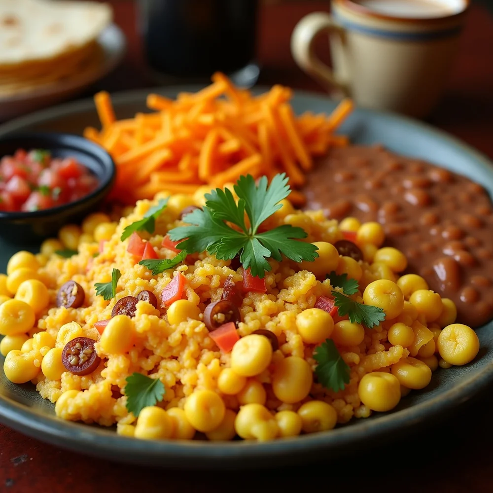 Overhead view of an Austin Tex-Mex breakfast spread: migas plate, refried beans, warm flour tortillas, fresh pico de gallo, hot coffee in a diner mug