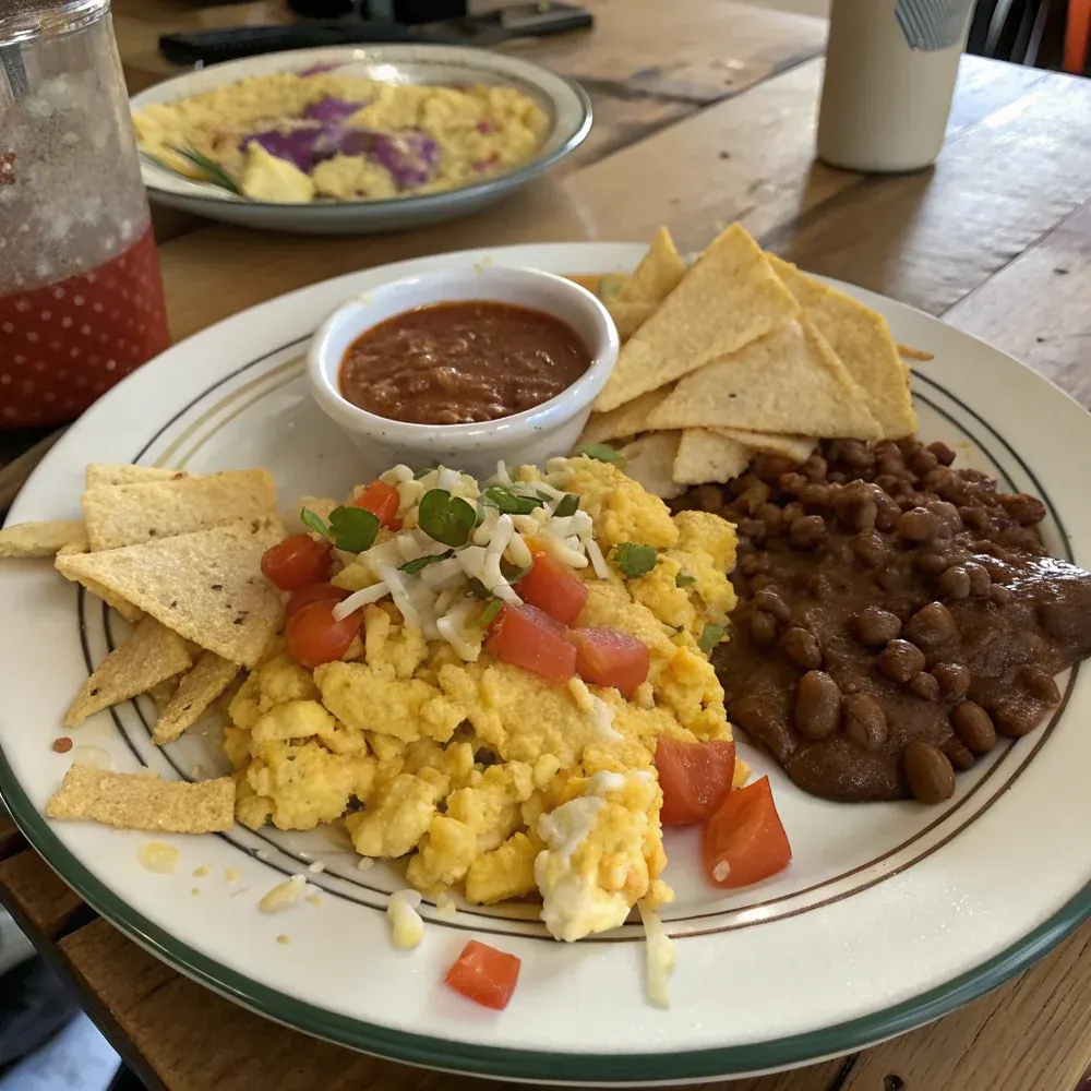 Overhead view of an Austin Tex-Mex breakfast spread: migas plate, refried beans, warm flour tortillas, fresh pico de gallo, hot coffee in a diner mug