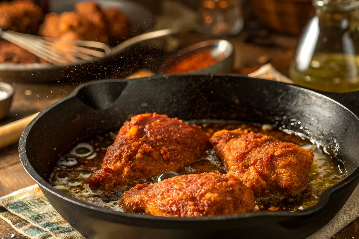 Close-up of nashville chicken with mac and cheese showing texture, color, and serving detail